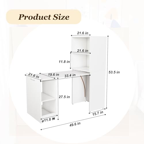 Image of White Foldable Office Desk, Fold Out Convertible Hidden Murphy Computer Desk with Storage Shelves, Multi-Function Folding Writing Table for for Small Spaces, Home Office