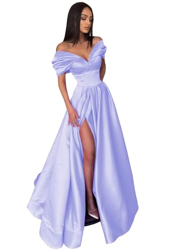 Image of Pleated Off The Shoulder Satin Prom Dresses for Women, Formal Evening Gowns Cocktail Party Dresses with Slit&Pockets