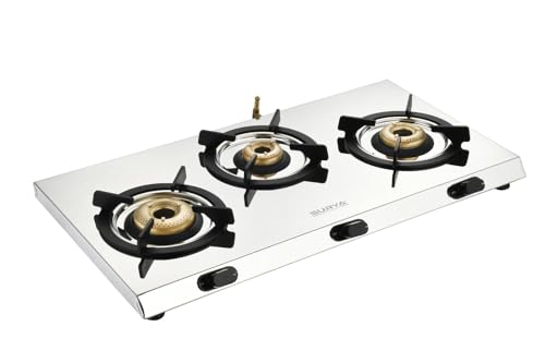 SURYA ACCENT Slima 3 Burner Gas Stove | Slim Stainless Steel Body | Full Forged Brass Burners | High Flame LPG Gas Stove for Fast & Efficient Indian...