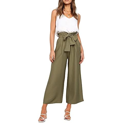 FANCYINN Women 2 Pieces Casual Tracksuit Summer Sleeveless Tank Top and Paperbag Trouser Outfits High Waist Cropped Trouser with Pocket and Comfy Vest Set Olive Green Pants & White Top M Cover