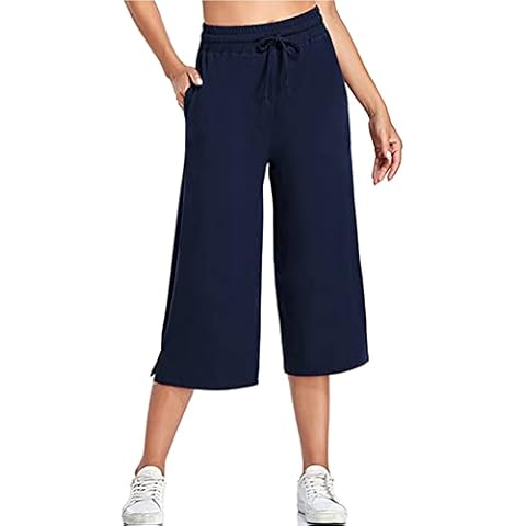 LIDLIT Casual Women's Capris and Cropped Pants Wide Leg Yoga Ankle Drawstring Elastic Waist Pants Loose Trousers, Navy Blue, Medium Cover