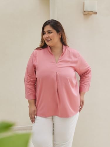 Image of SAADAA Top for Women, Viscose Pleated Tops, V-Neck with a Collar, 3 /4 Sleeve Length, Office & Casual Wear