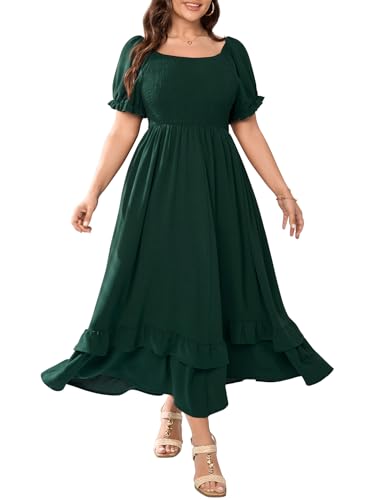 Image of Women's Plus Size Dress Square Neck Short Sleeve Smocked Elastic Waist Tiered Ruffle Hem Maxi Dresses