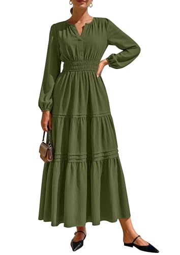 PRETTYGARDEN Women's 2025 Elegant Maxi Dresses Long Sleeve V Neck Flowy Pockets Casual Modest Dress Fall Fashion Clothes (Army Green,Small)