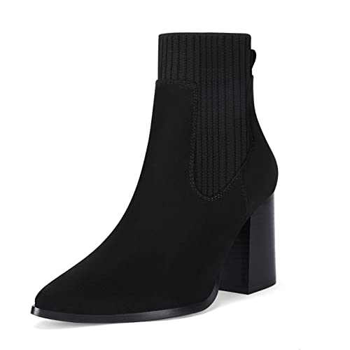 Image of Coutgo Women Ankle Boots Sock Booties Pointed Toe Chunky Stacked High Heel Knit Chelsea Winter Dress Booties