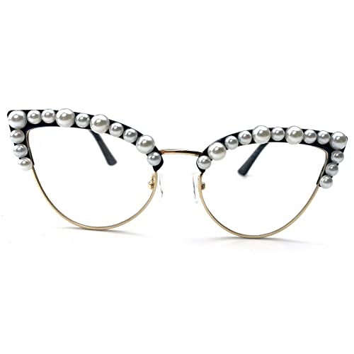 Image of Cat Eye Pearl Blue Light Blocking Glasses for Women Oversize Fashion Diamond bling bling Eyewear