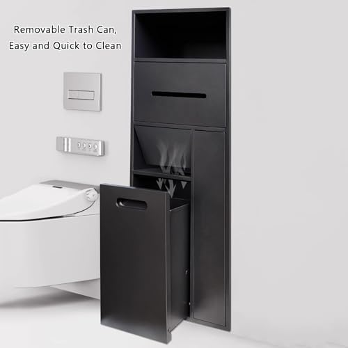 304 Stainless Steel Bathroom Niche with Hidden Trash Can, Built-in Toilet Roll Holder & Toilet Brush Storage Rack - Perfect for Bathroom, Bedroom & Office Organization