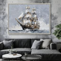 Tableau vintage voilier peinture navire déco nautique 60x80cm