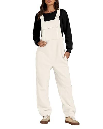 Luvamia Sherpa Fleece Overalls - Womens Loose Jumpsuits - Baggy White Ivory Ski Attire - Medium (Fits Size 8-10)