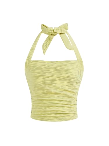 Image of OYOANGLE Girl's Textured Bow Halter Top Summer Sleeveless Slim Fitted Tops