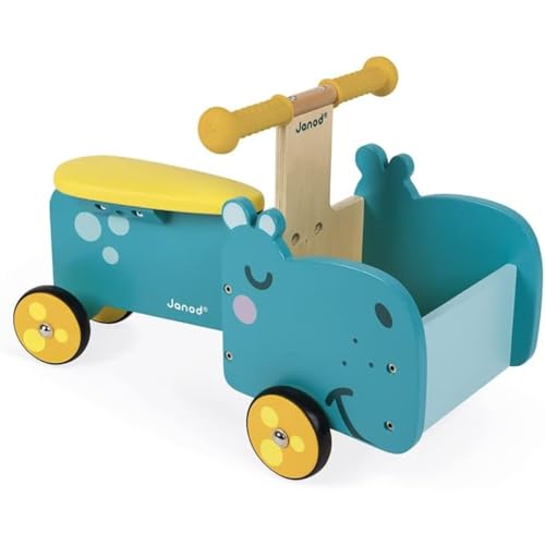 Janod - Porteur Enfant en Bois Hippo - Poignées Ergonomiques et Roues Silencieuses - Casier de Rangement - Apprentissage de l'équilibre - Dès 1 an, J08003, Bleu et Jaune