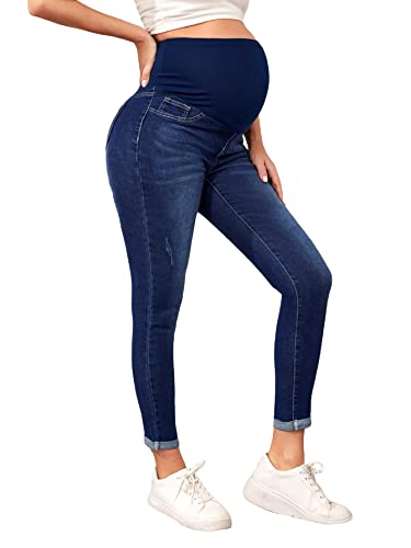 Floerns Women's Maternity High Waist Ripped Hem Denim Jeans Pants With Pocket A Dark Blue Xxl #TOP23