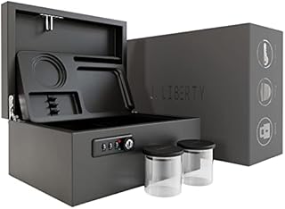 J.LIBERTY Stash Box with Built in Combination Lock - Includes all Accessories - 2 Glass Jars, Rolling Tray - Wooden Stash Box with Lock