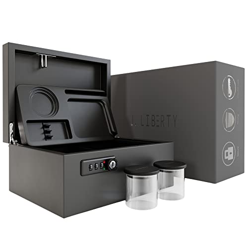J.LIBERTY Stash Box with Built in Combination Lock - Includes all Accessories - 2 Glass Jars, Rolling Tray - Wooden Stash Box with Lock