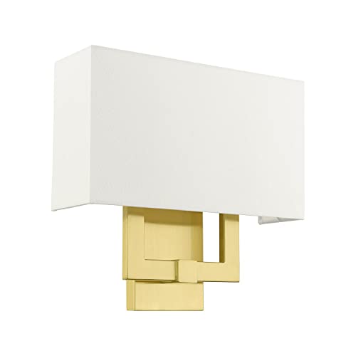 Image of Livex Lighting 51103-12 Meridian Collection ADA 2-Light Wall Sconce Light with Off-White Hardback Fabric Shade, Satin Brass, 13 x 12.5