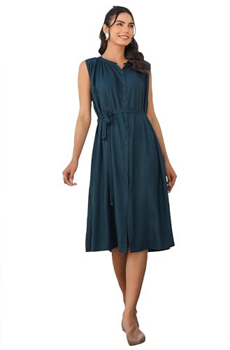 Image of Janasya Women's Rayon Solid A-line Dress