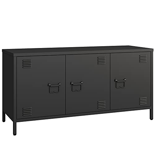 Miocasa 3 Door Metal Locker Tv Cabinet With Shelf Industrial Steel Storage Cabinet Tv Stand Entertainment Media Console Table For Living Room,Bedroom, Garage, Office #TOP21