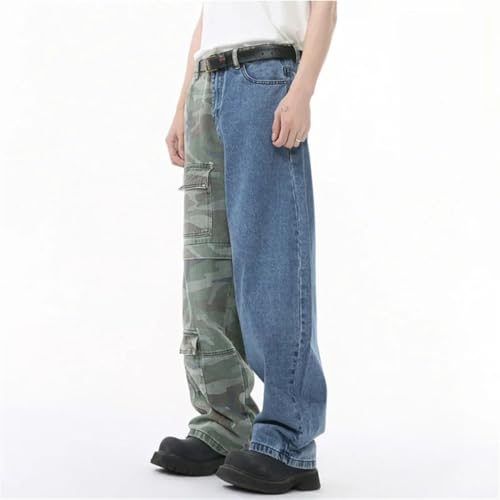 Men Jeans Niche Personalized Camo1 Splicing Two Color Multi Pockets Loose High Street Denim Pants3