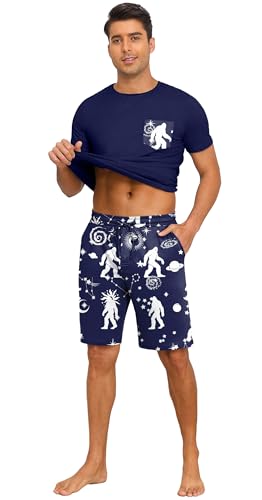 Image of PrinStory Mens Summer Pajamas Set Lightweight Pjs Sets Short Sleeve Pajama Shorts Set Soft Sleepwear Loungewear with Pockets