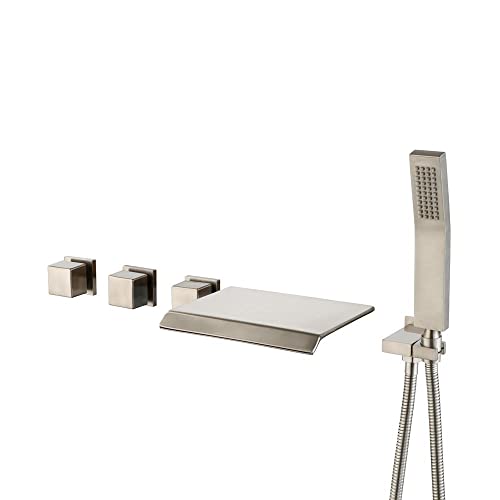 Jiayoujia Waterfall Wall Mounted Tub Faucet With Hand Shower Brushed Nickel Bathroom Wall Bathtub Filler Faucet Stainless Steel Hand Sprayer Included #TOP25