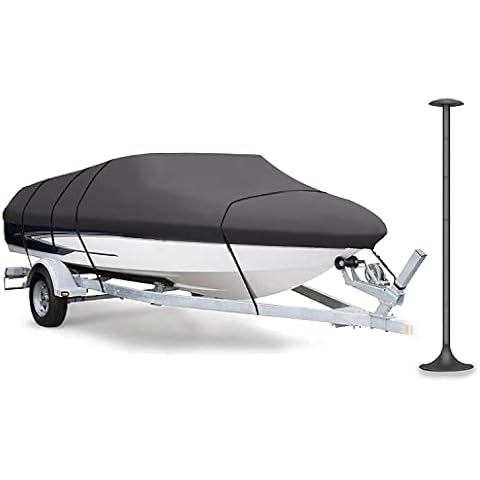 Boat Cover + Support Pole, VINPATIO 600D Solution-Dyed Polyester Boat Cover Heavy Duty Waterproof Trailerable Boat Covers Fits V-Hull Runabout Fishing Bass Boat (14'-16'L, 90" W) Cover