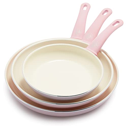 GreenLife Soft Grip Healthy Ceramic Nonstick, 8' 10' and 12' Frying Pan Skillet Set, PFAS-Free, Dishwasher Safe, Soft Pink