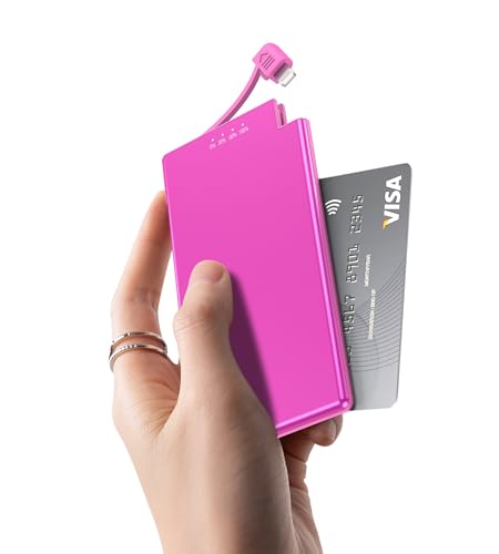 Auskang 5000mAh Power Bank with built-in Charging Cable, Ultra Slim and Super Lightweight Portable Charger Small External Battery, Compatible with iphone (Excluding iPhone 15 series)- Pink