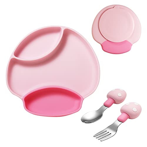 Image of TEN@NIGHT Baby Bowls Toddler Silicone Suction Bowls for Baby with Spoon and Fork - Infant Newborn Utensil Set for Self-Training (pink)