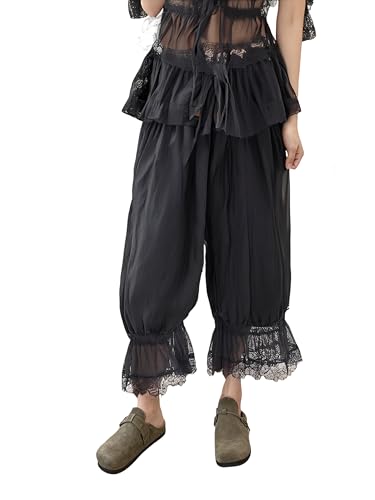 Image of Women Lace Long Bloomers Pants Elastic Waist Y2k Ruffle Pettipants Slip Cute Pantaloons Pumpkin Pants