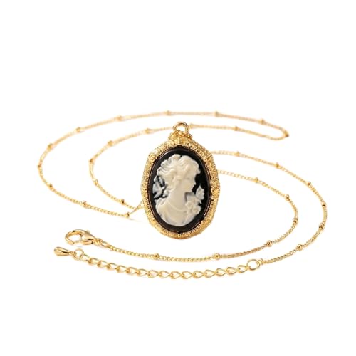 Celestara Jewelry - Gold-Plated Victorian Necklace - Vintage Cameo Pendant with Amber Background - Classic Bead Chain Design - Gift Box Included (Black)