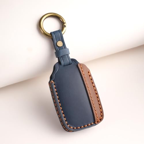 Image of Keyzone Dual Leather Key Cover for Range Rover: Sport, Evoque, Velar, Discovery, Defender (2018, 2019, 2020, 2021) 5 Button Smart Key (Blue-Brown)