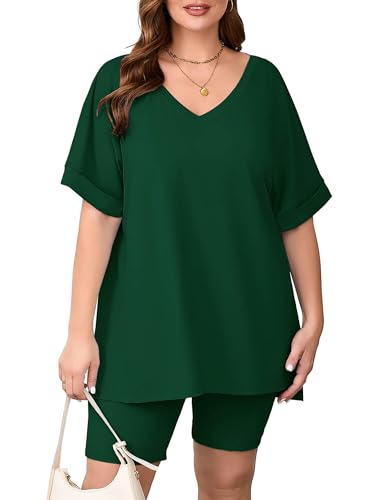 Image of AusLook Women's Plus Size 2 Piece Short Outfits Set Short Sleeve Tops and Shorts Pants Lounge Jogging outfits Matching Set