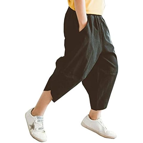 Siehin Children's Boys Elastic Waistband Capri Trousers Summer Trousers Linen Trousers Casual Trousers Harem Trousers - Black - 10 Years Cover