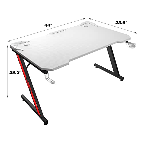 Homall Gaming Computer Desk with Carbon Fiber Surface, Gaming Table Z Shaped Pc Home Office with Cup Holder&Headphone Hook(44 in, White)