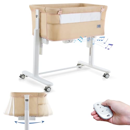 Image of VaVaSoo Electric Rocking Bassinet for Baby Automatic Bedside Bassinet Electric Baby Cradle 5 Heights Adjustable Bedside Sleeper Infant Smart Auto Rocking Crib 3 in 1 Baby Bassinet on Wheels, Khaki