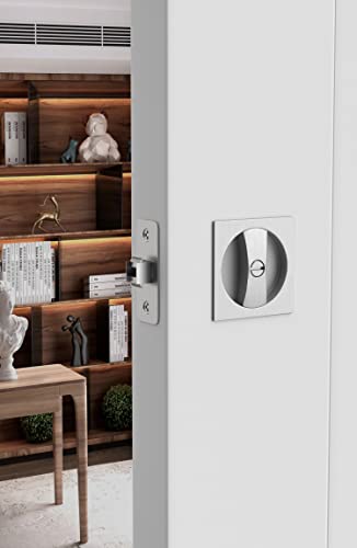 Image of goldenwarm Brushed Nickel Pocket Door Lock, Privacy Square Pocket Door Hardware Not-Adjustable 2-3 /8 inch Latch, Pocket Door Handles for Pocket Doors Sliding Doors 1 Pack