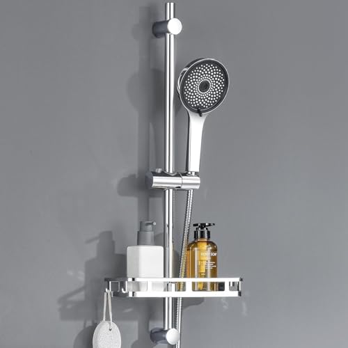 Auralum 70cm Shower Riser Rail with Soap Dish and 5-Mode Handheld Shower Head - 360Adjustable Shower Head Holder - Anti-Corrosion Premium Stainless Steel for Bathroom Chrome