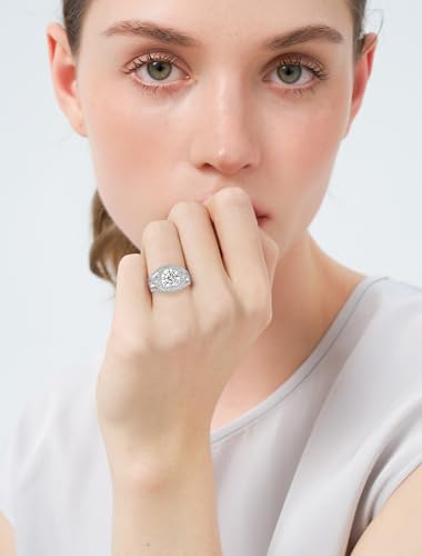 Image of moissanite 3 piece wedding ring set for Women,3CT Princess Cut Halo Bridal Set Wedding Bands S925 Sterling Silver with 18K White Gold Plated Engagement Anniversary Rings for Her Size 4.5-11
