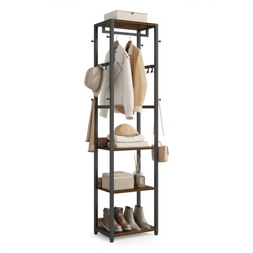 VASAGLE Coat Rack Freestanding Hall Tree with Shelves Hanging Rail and Hooks Space-Saving Coat Stand Steel Frame for Clothing Bags Hats Ink Black and Rustic Brown URCR061BD04