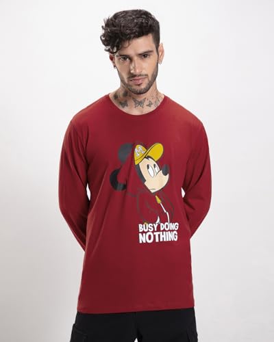Image of Bewakoof Men's Mickey Graphic Printed 100% Cotton T-Shirt - Regular Fit, Round Neck, Full Sleeves