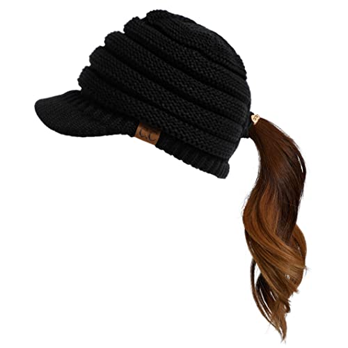 C.C Hatsandscarf Exclusives Womens Chunky Criss-Cross Ponytail Ribbed Knit Hat with Brim (CCB-2) (# Criss-Cross-Black)