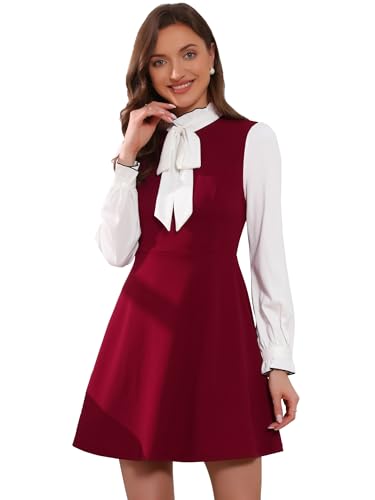 Image of Allegra K Tie Neck Dresses for Women's 1960s Vintage Long Sleeve Contrast Color Dress