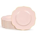 bUCLA 48Pieces Pink Plastic Dessert Plates - 7.5inch Premium Hard Pink with Gold Rim Small Cake/Salad/Appetizer Plates Disposable for Wedding, Party, Shower & Valentine's Day