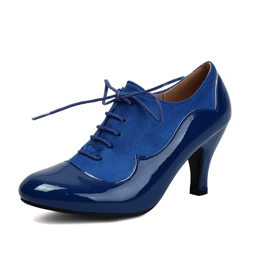 Women's Mary Jane Close Round Toe Lace Up 1940 Vintage 1950s Heels Retro 1930s Victorian Pumps 1920s Shoes (Blue US10)
