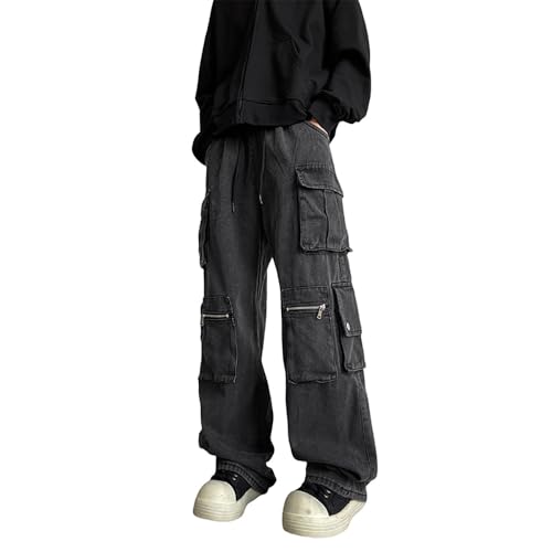 Men's Multi-Pocket Cargo Jeans Baggy Straight-Leg Distressed Black Pants Y2k Hip-hop Harajuku Streetwear