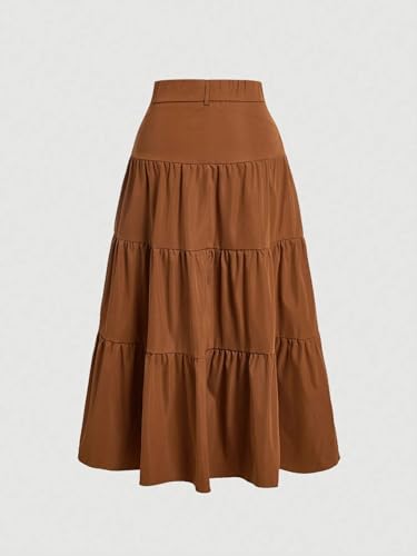 Women's Elegant Solid Color Buttoned High-Low Casual Skirt with Ruffle Hem Long Skirts2