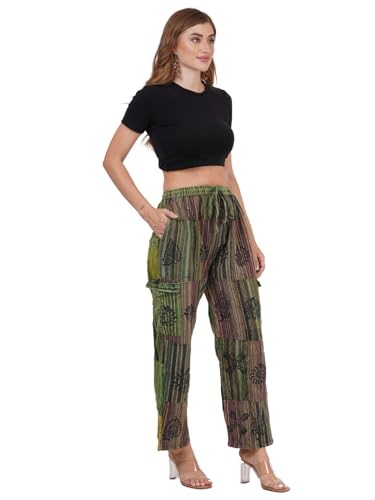 Women's Printed Patchwork Wide Leg Hippie Elastic Waist Drawstring Trousers Pants with Pocket, Pack of 033