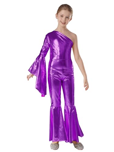 TiaoBug Macacão comprido com lantejoulas brilhantes para menina camisola de ginástica desportiva sem manga disfarce de discoteca hippie dos anos 70 e 80 roupas de dança, roxo C