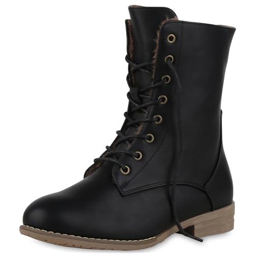 VAN HILL Warm Gefütterte Damen Schnürstiefeletten Leder-Optik Stiefeletten 611593 Schwarz 38
