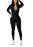 Women Sexy Rib Zip up Bodycon Jumpsuit Romper Long Sleeve One Piece Sports Jogging Suits Black XL